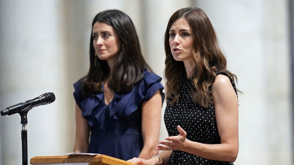 BBC Look North presenters Amy Garcia (left) and Keeley Donovan speak at a service of thanksgiving for BBC presenter Harry Gration