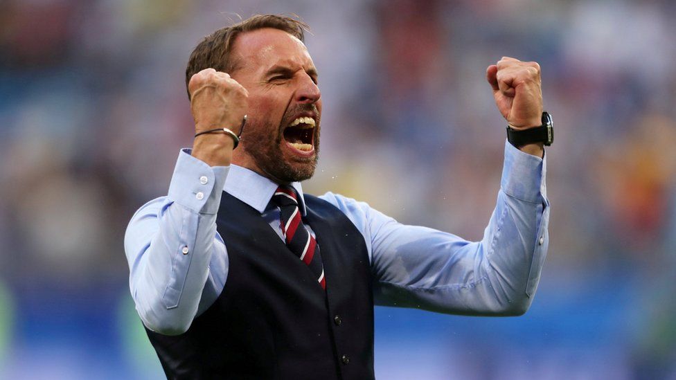 England manager Gareth Southgate celebrating the team's quarter-final victory over Sweden