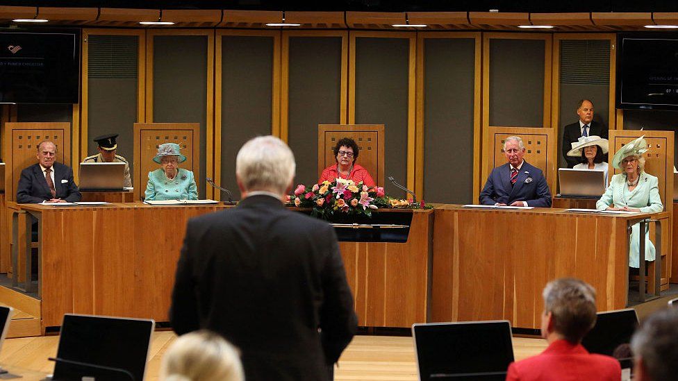 The Duke of Edinburgh with the Queen at the royal opening of the fifth session of the National Assembly for Wales in 2016