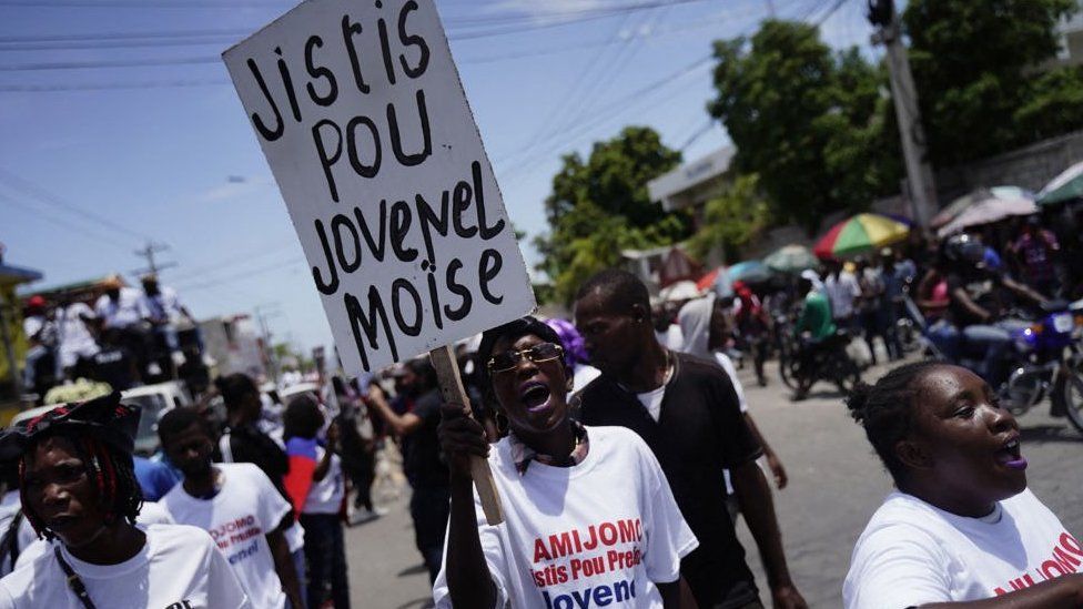 Demonstrators in Haiti demanding justice for assassinated ex-president Jovenel Moise on the first anniversary of his death in July.