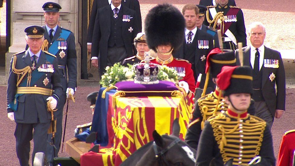 King Charles, the Prince of Wales and Duke of Sussex in procession behind Queen Elizabeth II's coffin