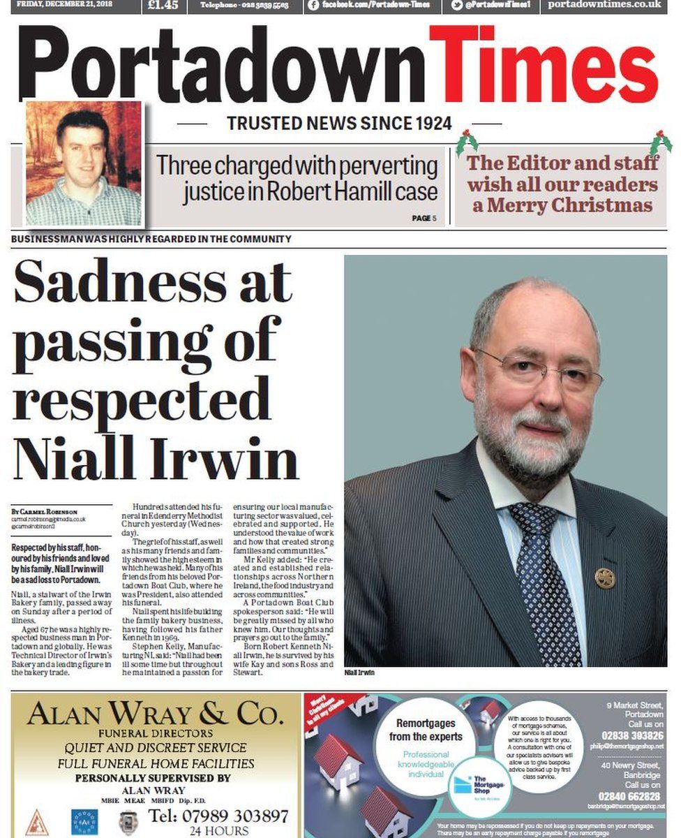 front page of the Portadown Times Friday 21 December 2018