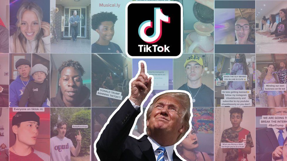 Donald Trump, outlined in white in a cutout, points to a TikTok logo against a backdrop of many TikTok video thumbnails from the #SaveTikTok tag