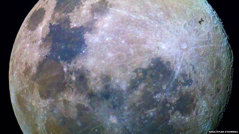 The colours in this picture of the Moon have been enhanced but correspond to real differences in the chemical makeup of the moon