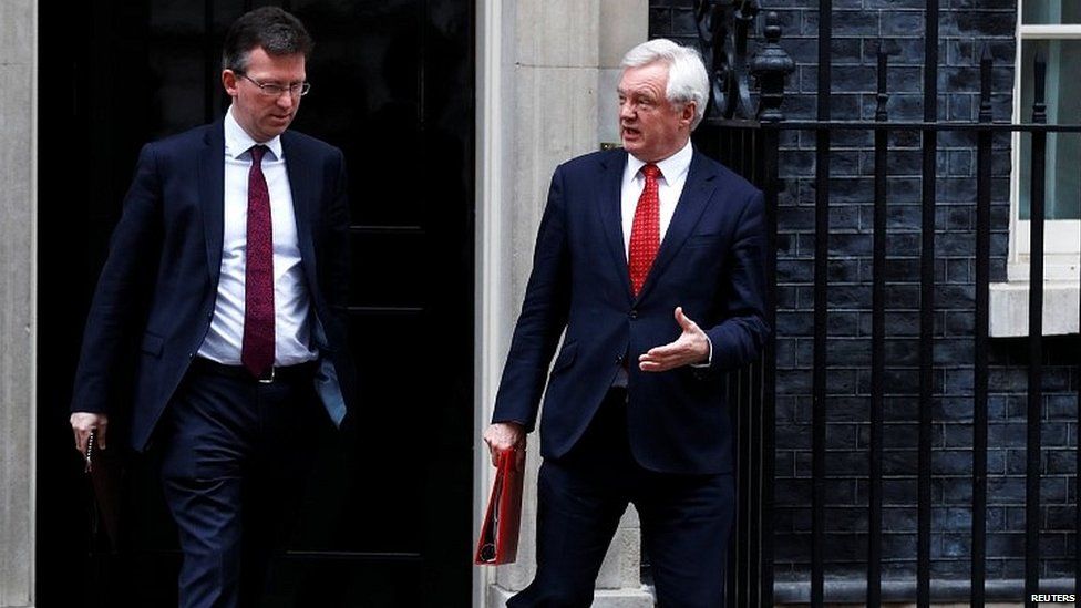 Brexit Secretary David Davis (right) and Attorney General Jeremy Wright leaving a cabinet meeting