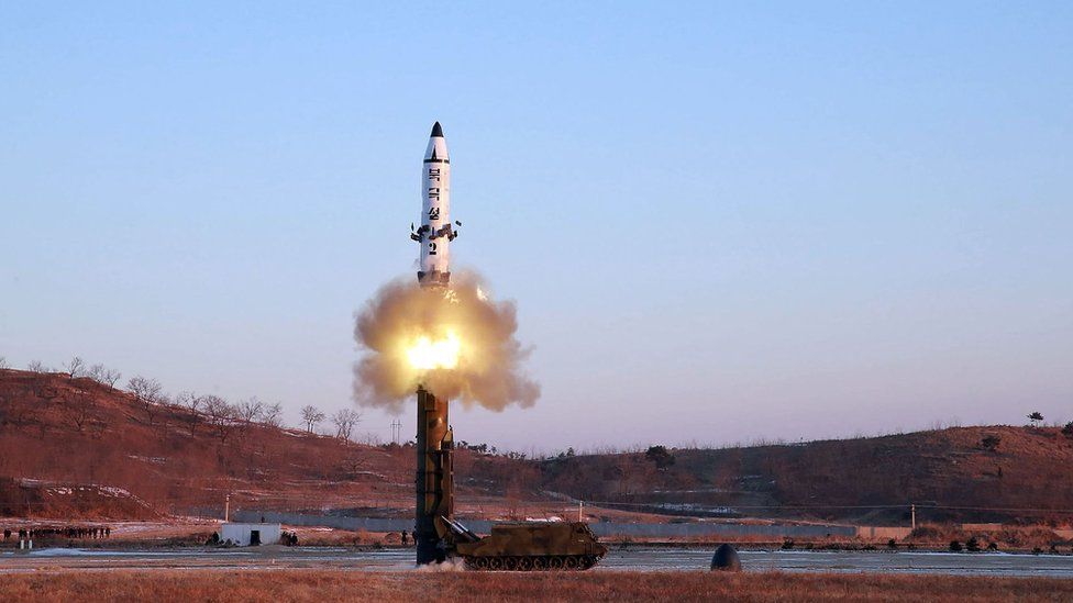 This photo taken on February 12, 2017 and released on February 13 by North Korea"s official Korean Central News Agency (KCNA) shows the launch of a surface-to-surface medium long-range ballistic missile Pukguksong-2 at an undisclosed location. North Korea said on February 13 it had successfully tested a new ballistic missile, triggering a US-led call for an urgent UN Security Council meeting after a launch seen as a challenge to President Donald Trump