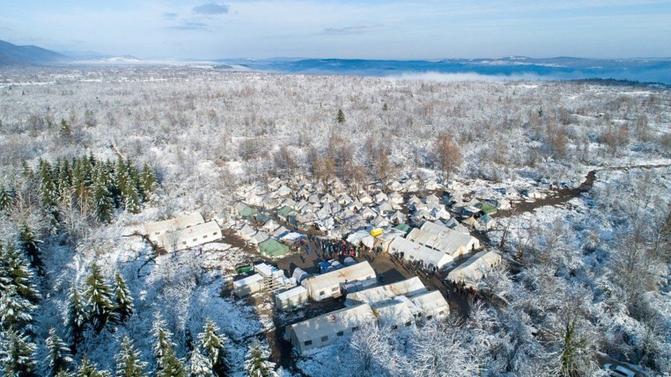 Aerial view of the migrant camp in Vucjak near Bihac, Bosnia and Herzegovina, on 6 December 2019
