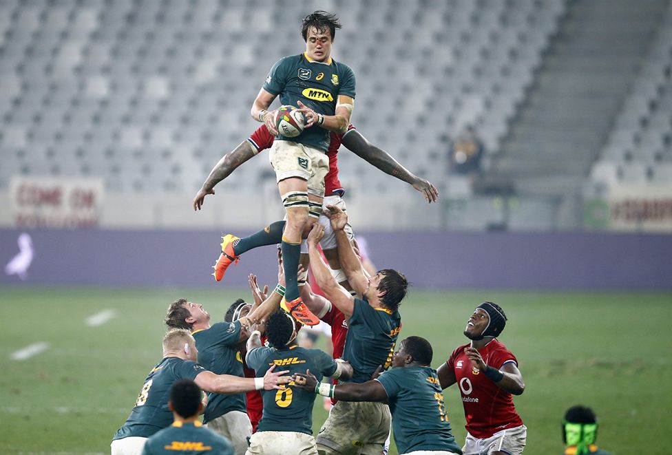 South Africa’s Franco Mostert wins a lineout during the Castle Lager Lions Series, Third Test match at the Cape Town Stadium, Cape Town, South Africa, Saturday 7 August 2021