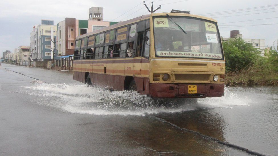 A bus plying flooded roads in Chennai