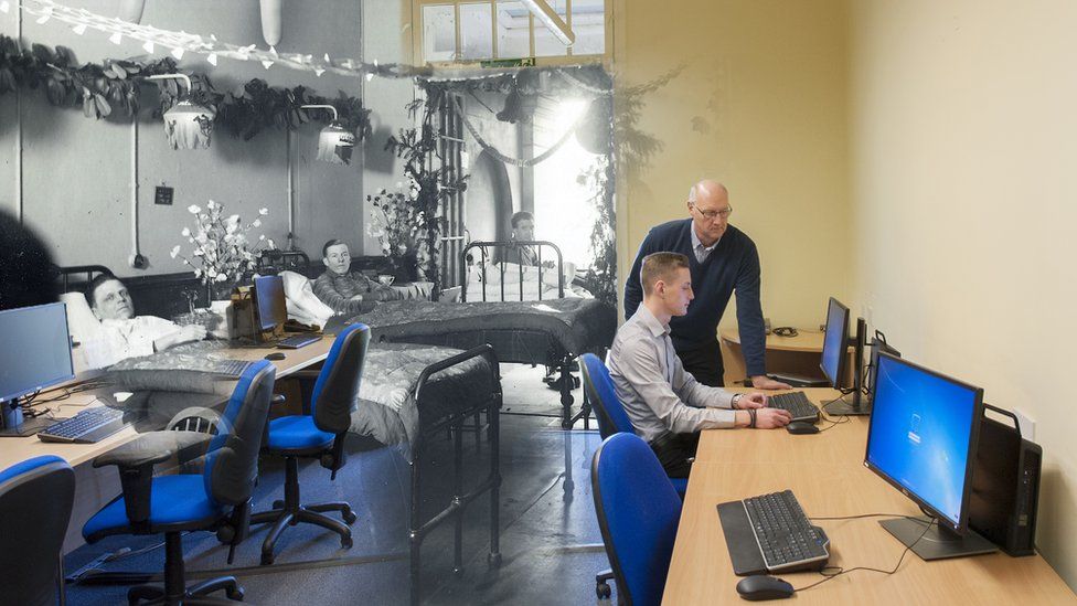 Ground floor of Papworth Hall, c 1918 and 2018