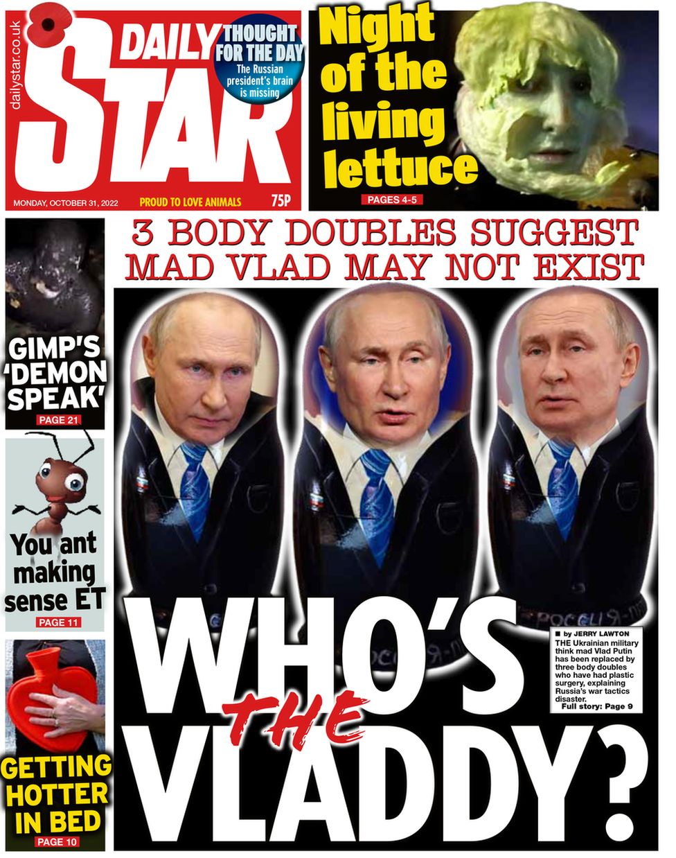 Three images of Russian President Vladimir Putin feature on the front of the Daily Star.