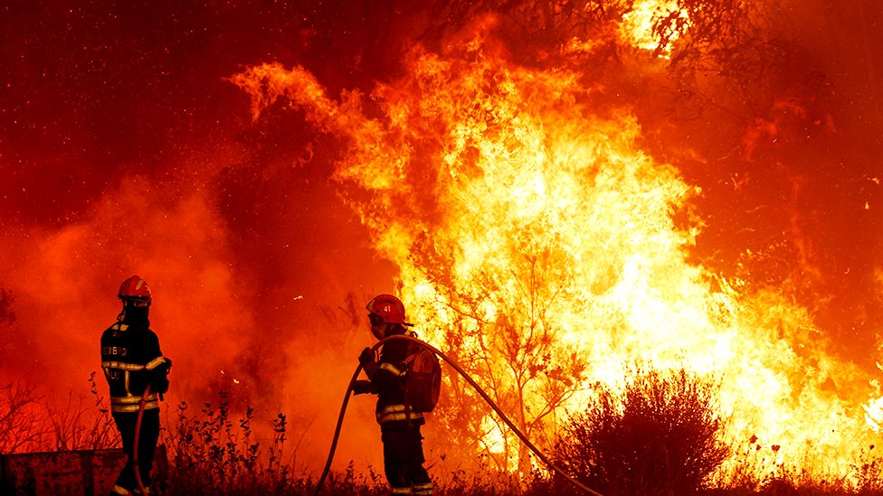 Firefighters work to fight a wildfire in the municipality of Odemira, Portugal
