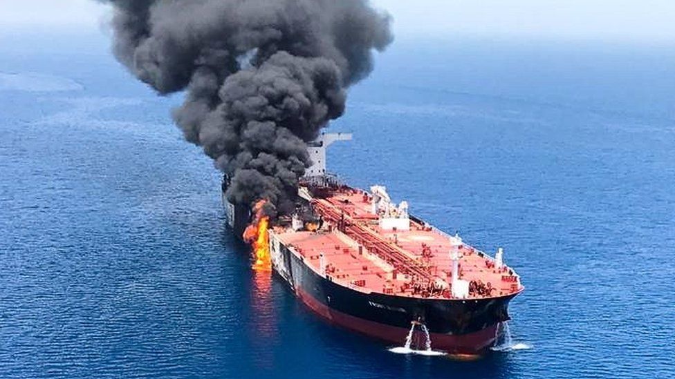 A crude oil tanker Front Altair on fire in the Gulf of Oman,