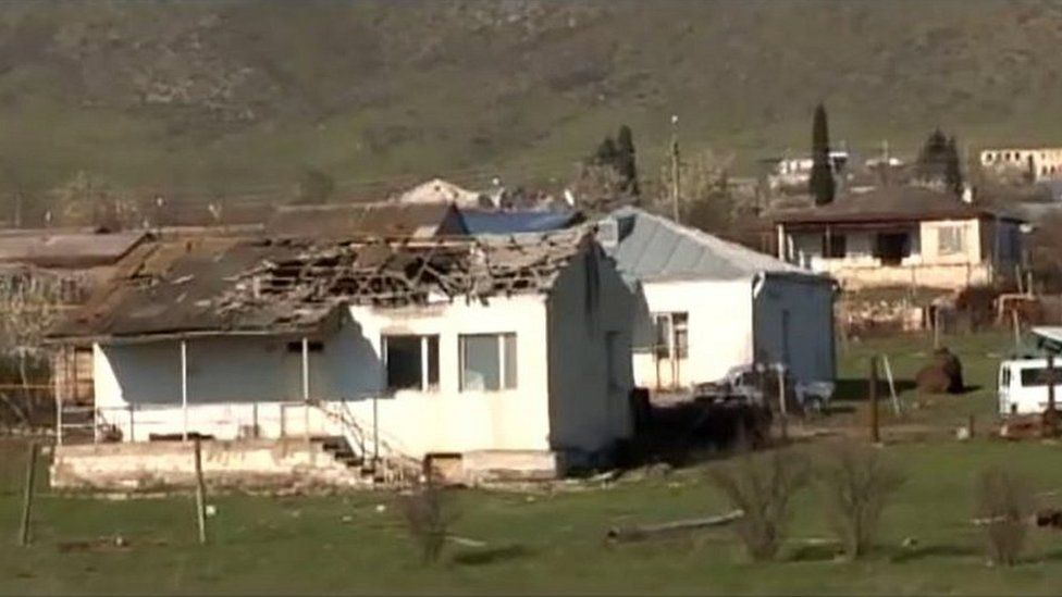 An image from footage obtained from the Nagorno-Karabakh defence authorities' official website reportedly shows houses damaged in the fighting