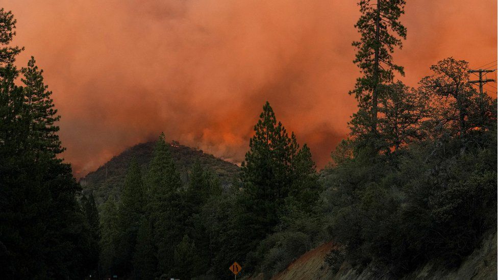 Oak Fire burns along Highway 140, a main artery into Yosemite National Park, near Mariposa, California, US. July 22, 2022.