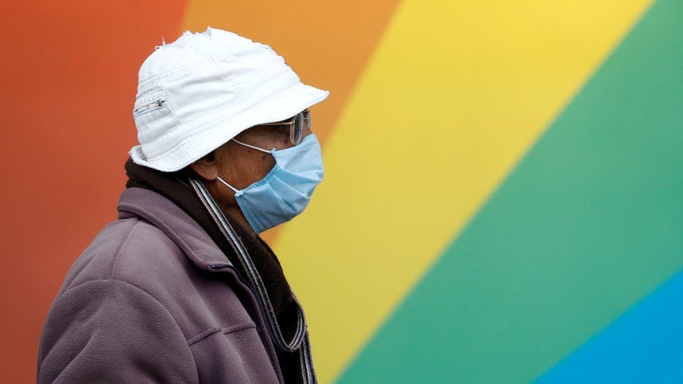 Person wearing face mask. Wall in rainbow colours behind.