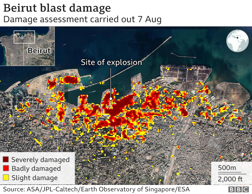 Nasa damage assessment of Beirut following 4 August 2020 explosion
