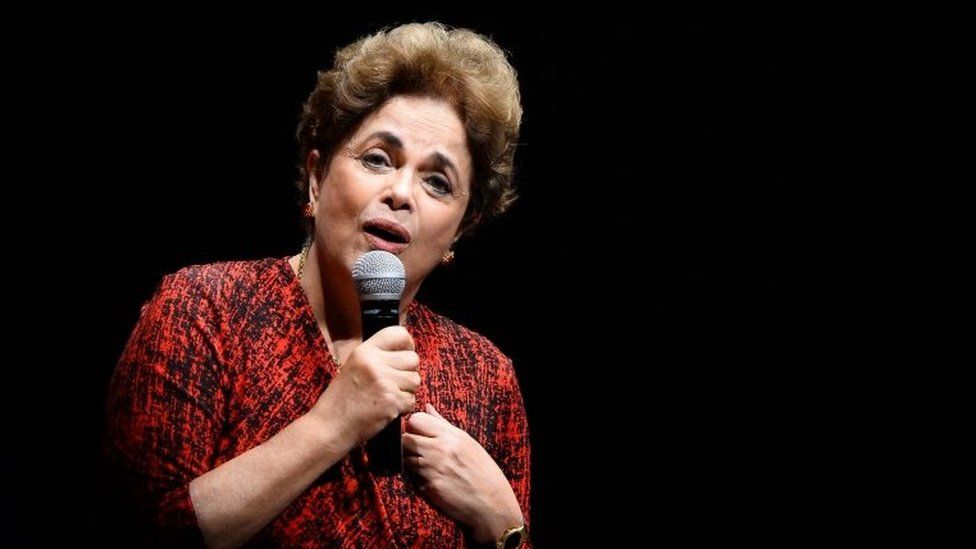 Brazilian suspended President Dilma Rousseff speaks during a Workers" Party rally in Brasilia on August 24, 2016.