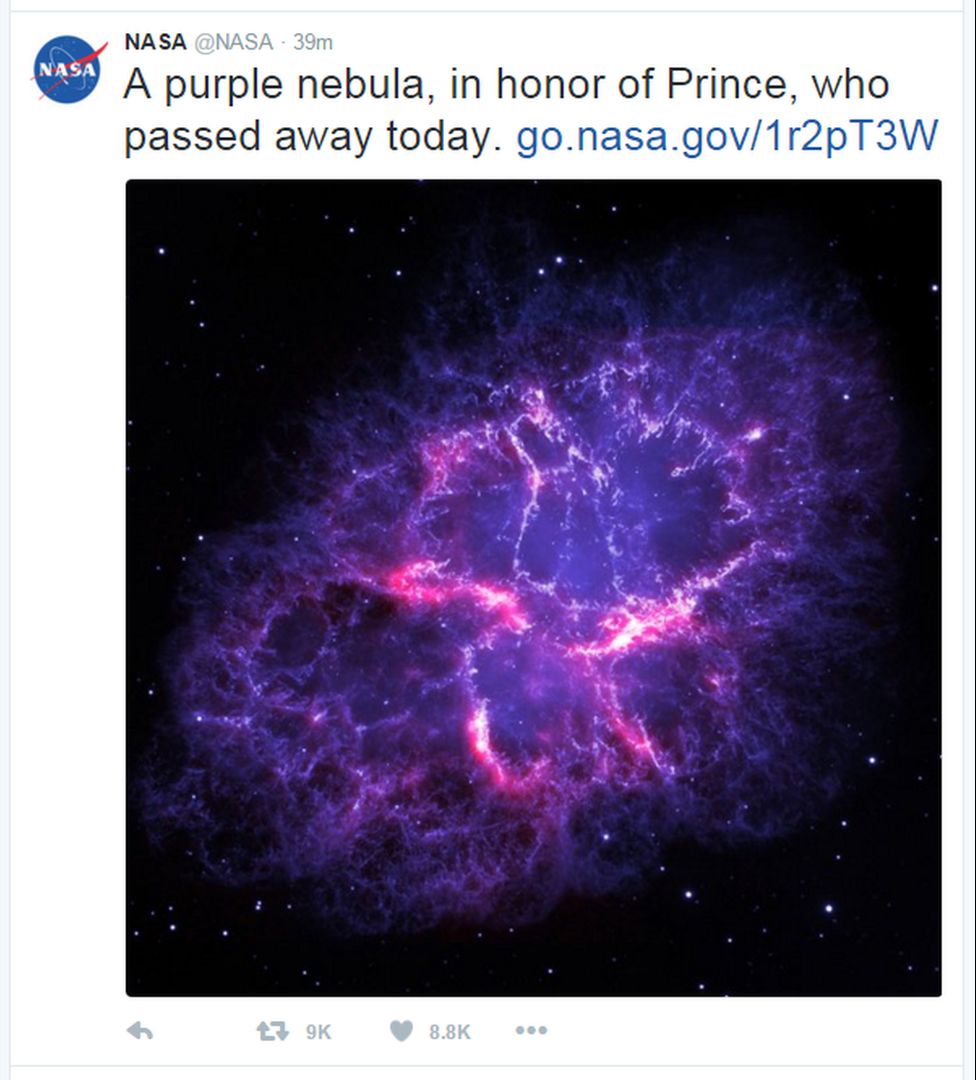 A tweet from Nasa reads: "A purple nebula, in honor of Prince, who passed away today."