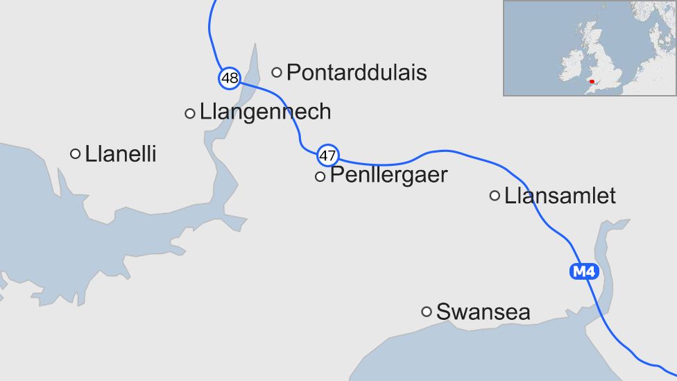 Map of M4 around Swansea