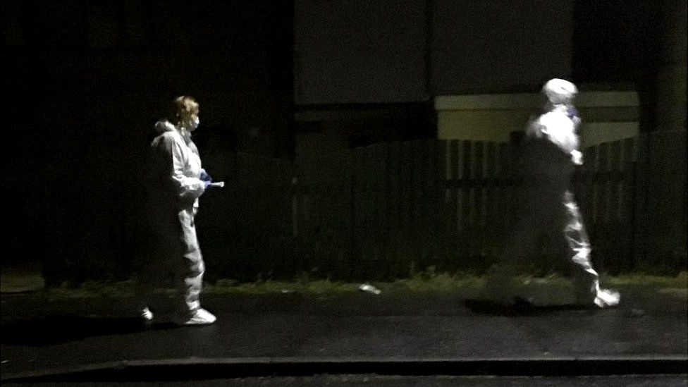 Forensic teams were still present on Monday evening