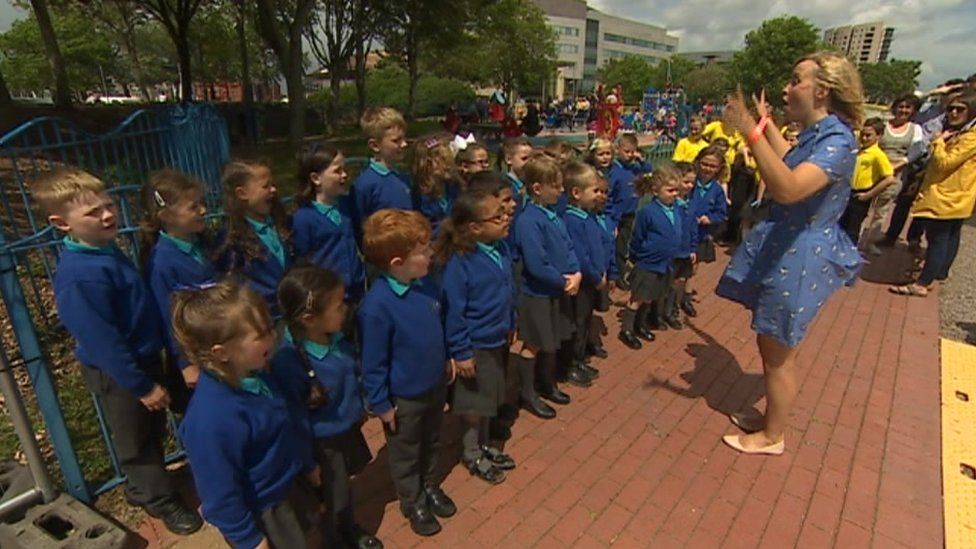 Ysgol Hamadryad school pupils singing