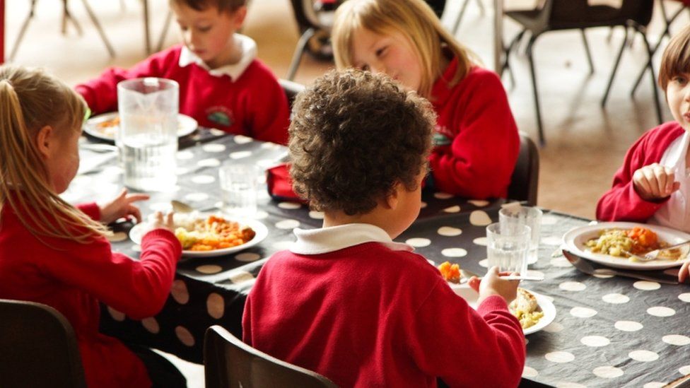 Pupils eat school dinner