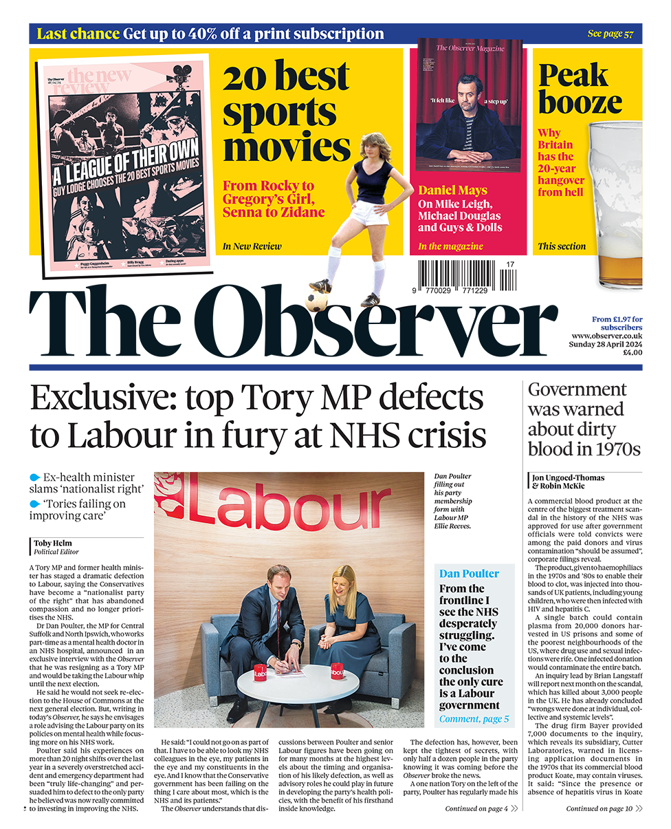 The headline in the Observer reads: "Exclusive: top Tory MP defects to Labour in fury at NHS crisis".