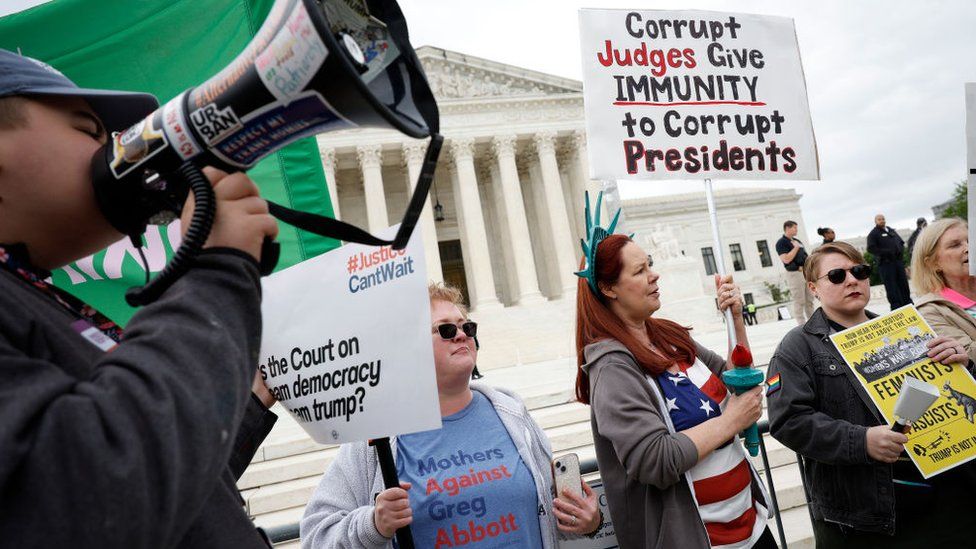Demonstrators participate in a protest outside the U.S. Supreme Court on April 25, 2024 in Washington, DC