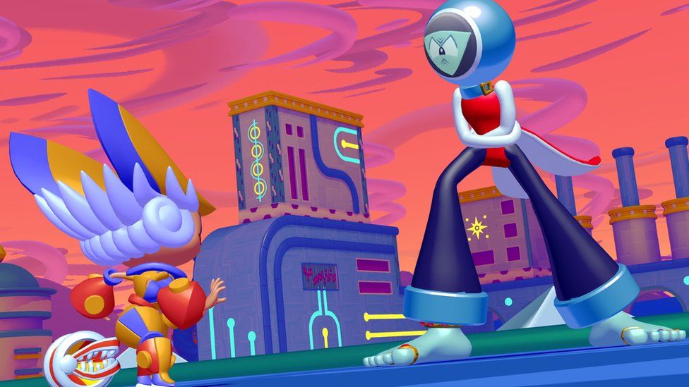 A screenshot from the game shows a highly stylised cartoon world reminiscent of video games from the PlayStation 1 era