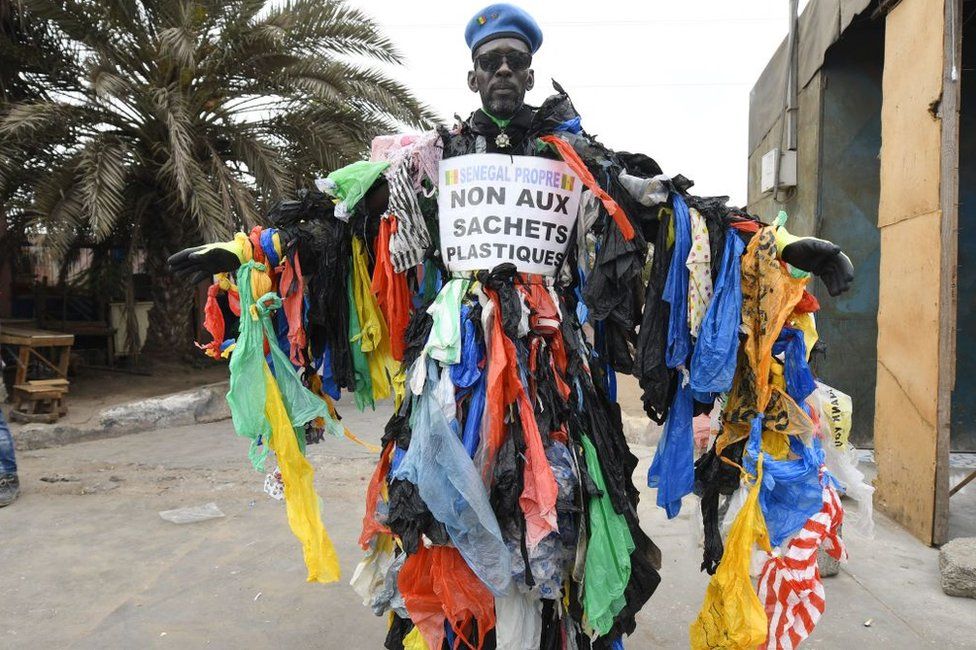 Senegalese activist Modou Fall, called the plastic man, president of the association Senegal Propre at the entrance of Pikine, a suburb in Dakar.
