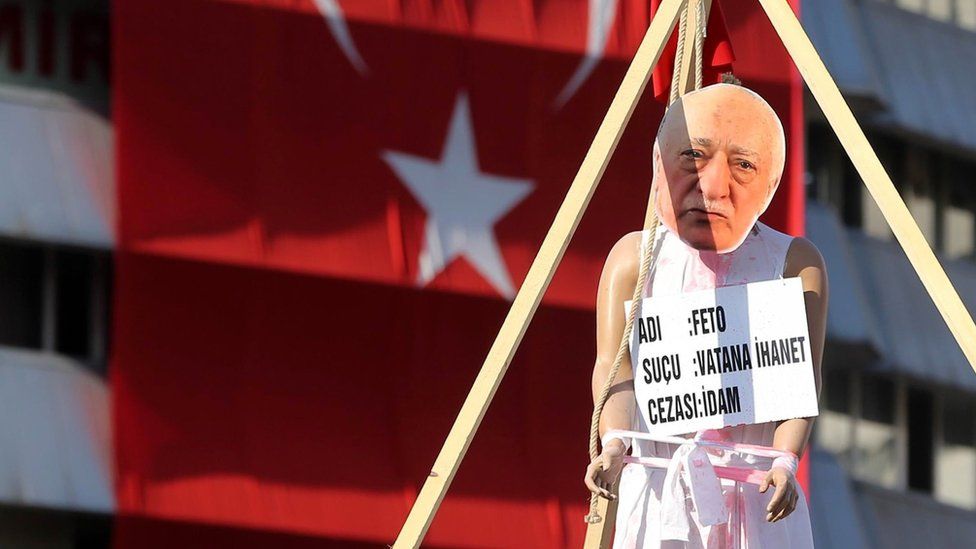 An effigy of US-based preacher Fethullah Gulen in Kizilay Square, Ankara, during a protest against the failed military coup on Tuesday