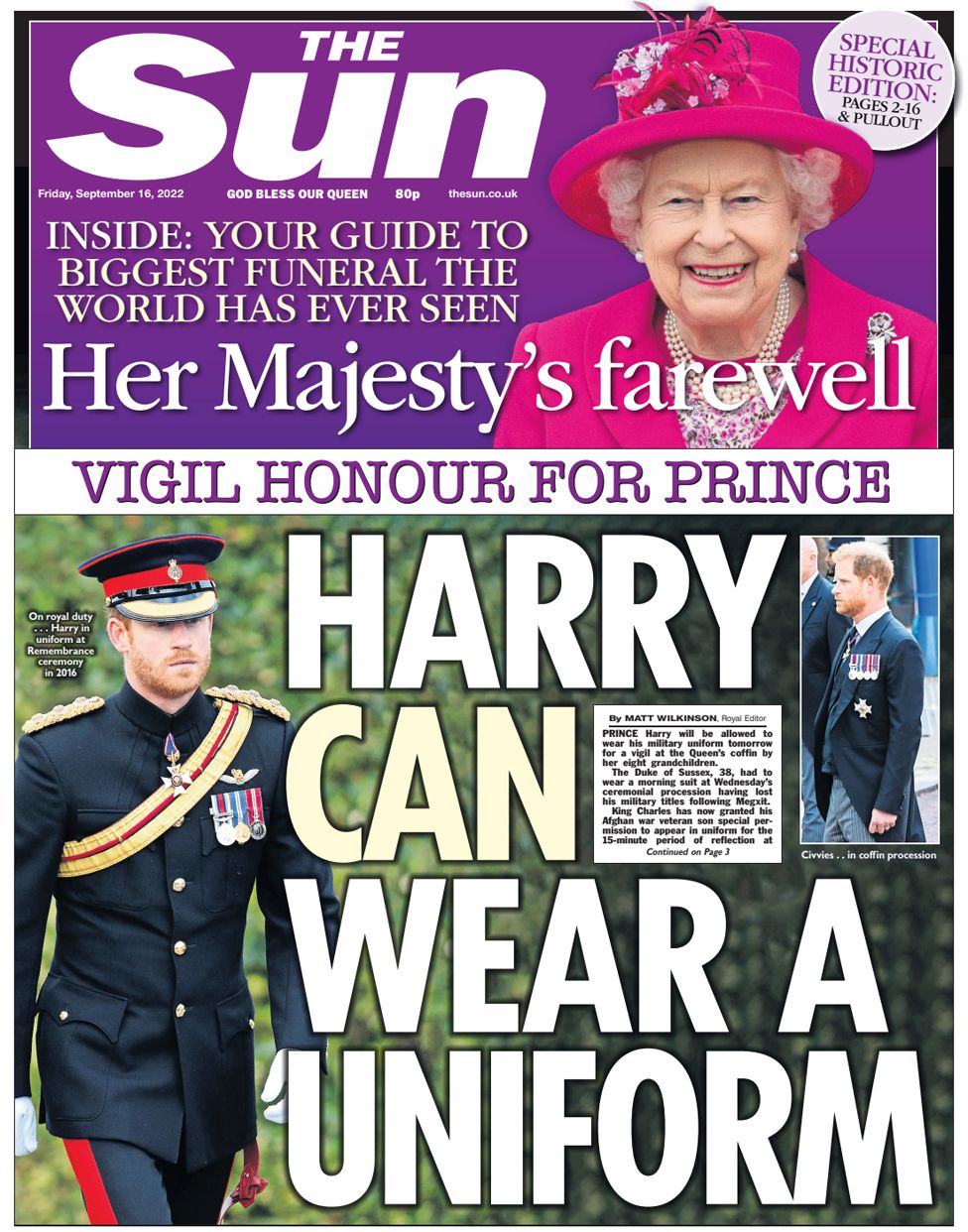 The Sun's front page features a picture of Prince Harry wearing military uniform.
