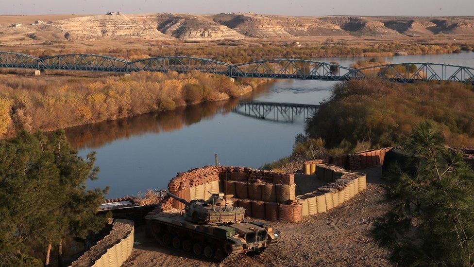 A Turkish army tank is positioned at a military post by the Euphrates river on the Turkish-Syrian border in Karkamis in Gaziantep province, Turkey, December 13, 2017.