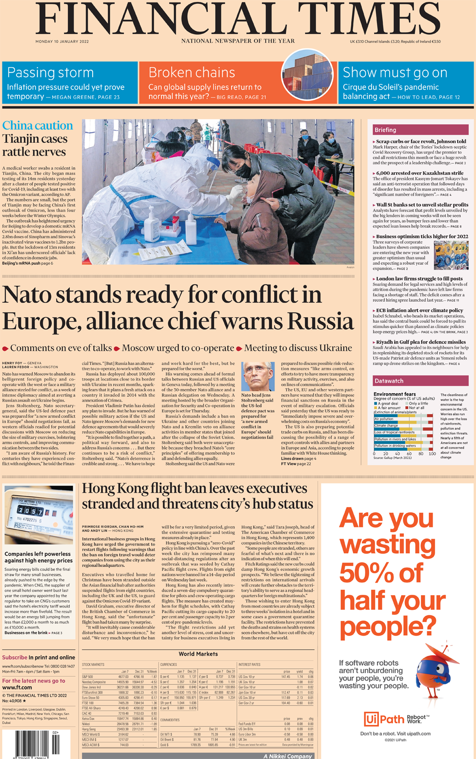 The Financial Times front page 10 January 2022