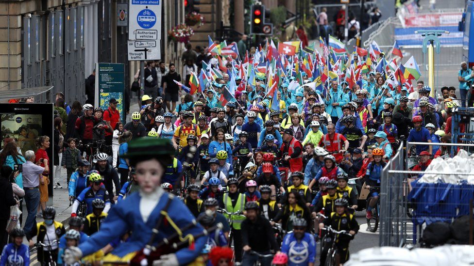 Members of The People's Peloton during the opening ceremony for the 2023 UCI Cycling World Championships in Glasgow