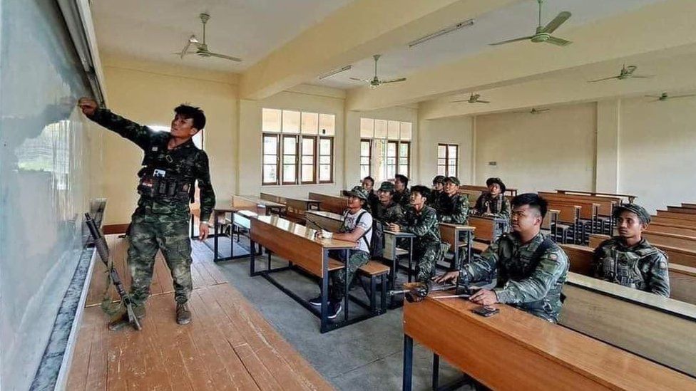 Ethnic Karenni fighters inside a classroom in Loikaw University