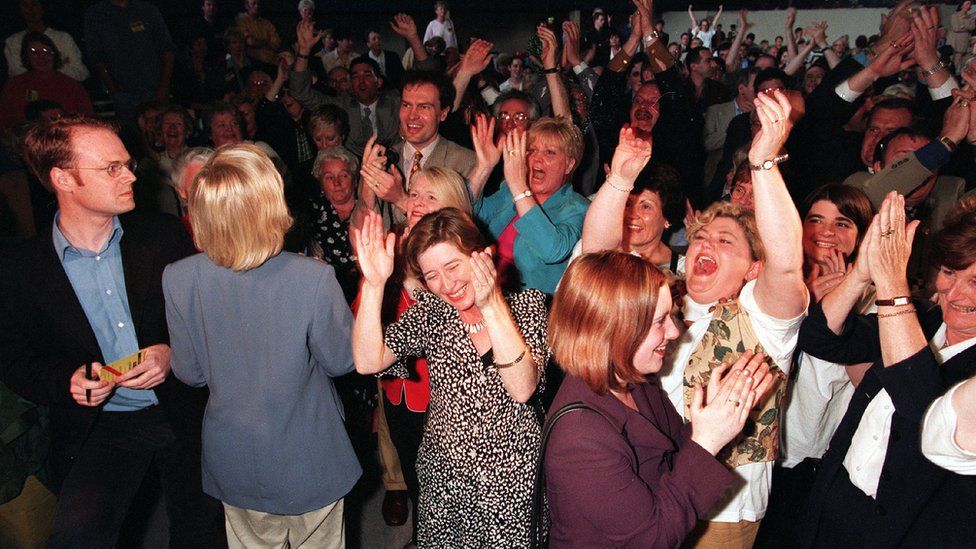 Celebrations at the King's Hall after the Good Friday Agreement referendum result is announced