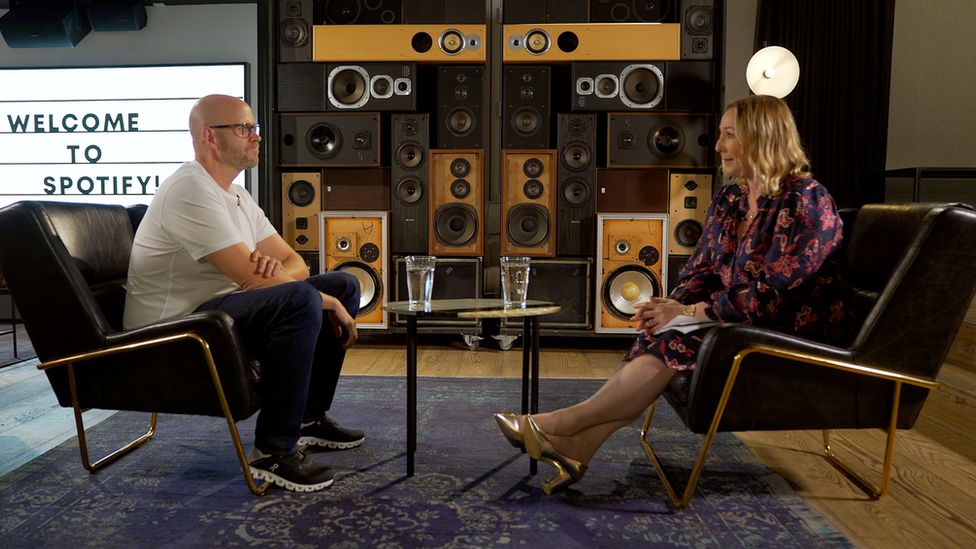 Spotify founder Daniel Ek sits opposite the BBC's technology editor, Zoe Kleinman, during their interview