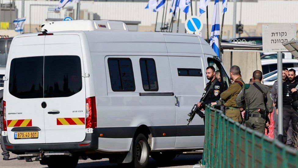 A van carrying Palestinian prisoners arrives at the Israeli military prison, Ofer, in the Israeli-occupied West Bank