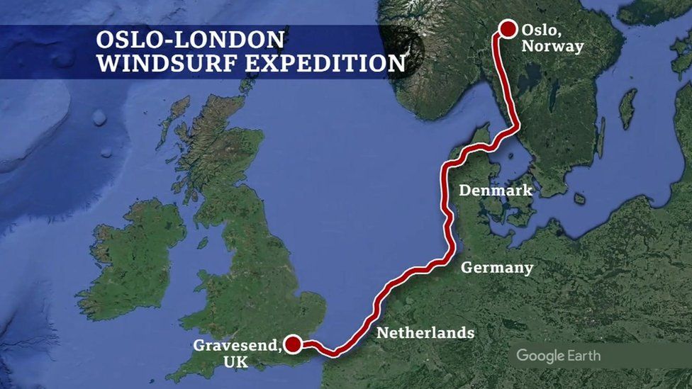 Graphic map showing Mr Tinga's route through Norway, Denmark, Germany and the Netherlands and the UK.