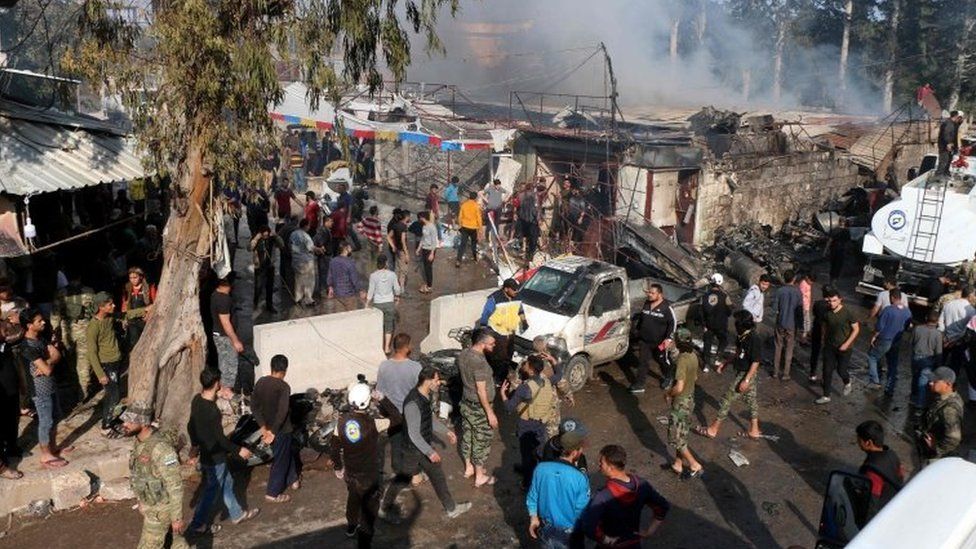 Aftermath of reported truck bomb attack in Afrin, north-western Syria, on 28 April 2020