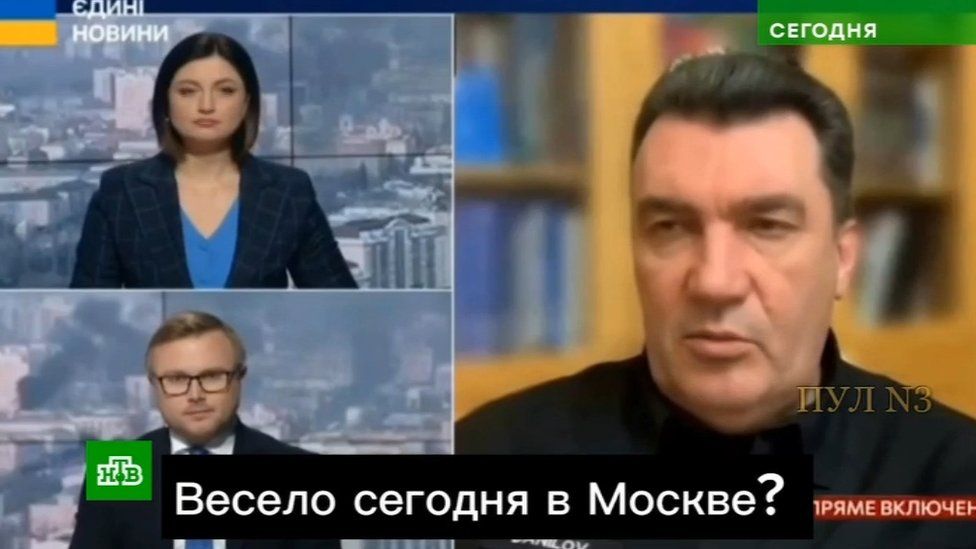 Screenshot of Russia's NTV showing a fake video of Ukraine's top security official Oleksiy Danilov