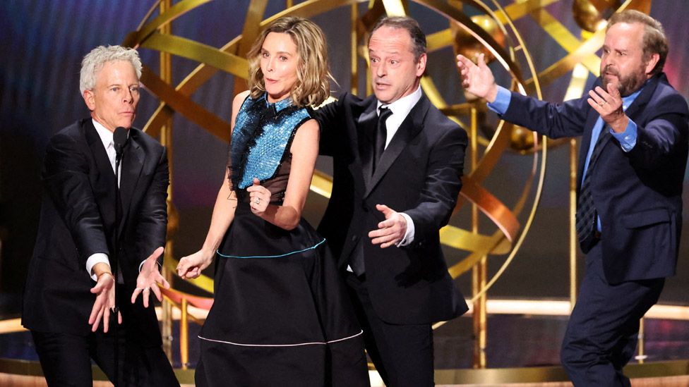 Ally McBeal cast members Peter MacNicol, Gil Bellows, Greg Germann and Calista Flockhart attend the 75th Primetime Emmy Awards in Los Angeles, California, U.S. January 15, 2024.