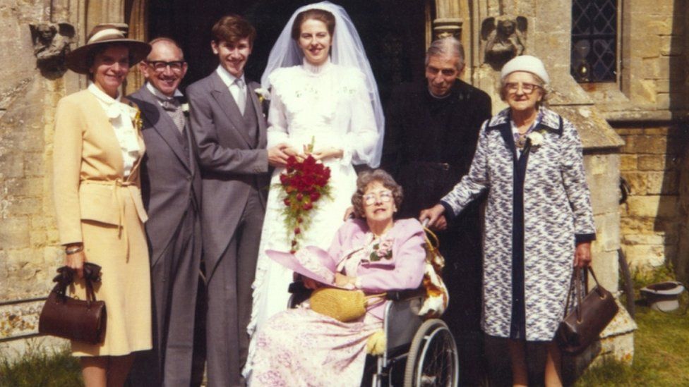 May family handout of Theresa May at her wedding to Philip in 1980. From left - Philip's parents, John and Joy May, Philip and Theresa, Theresa's father Hubert, maternal grandmother Violet Barnes, and mother Zaidee in the wheelchair