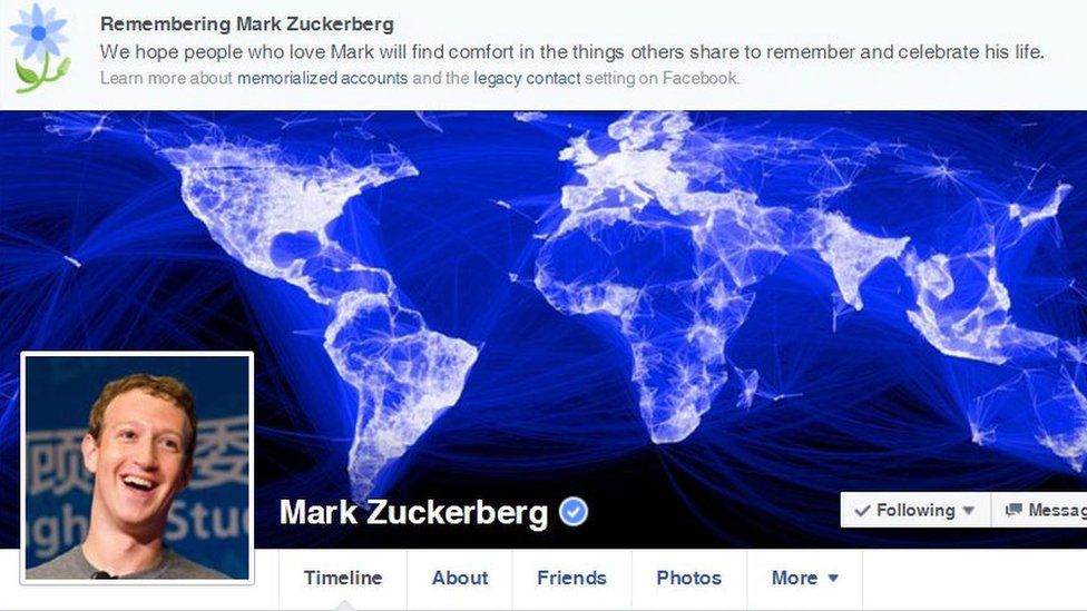 Facebook profile of Mark Zuckerberg displaying a memorial banner