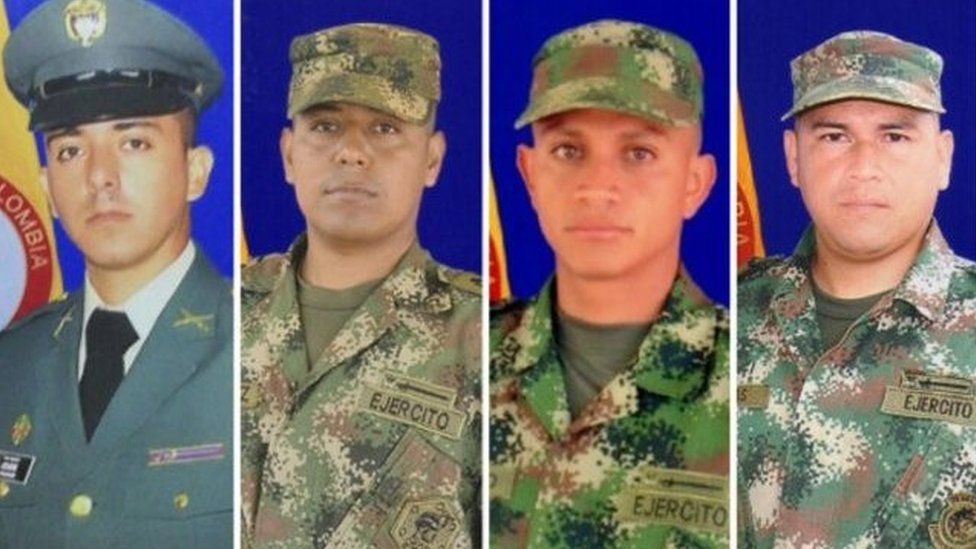 Handout photo by the Colombian army showing the four soldiers who were killed in Caucasia