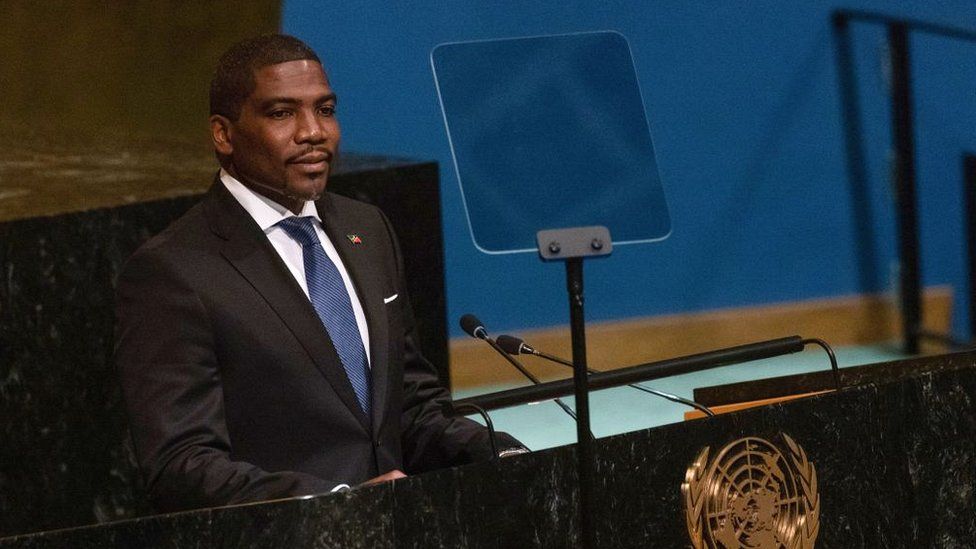 Saint Kitts and Nevis Prime Minister Terrance Michael Drew addresses the 77th session of the United Nations General Assembly at UN headquarters in New York City on September 23, 2022