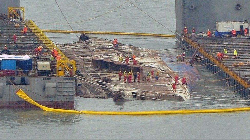 In this handout photo released by Hankook Daily, a submersible vessel attempts to salvage sunken Sewol ferry in waters off Jindo, on March 22, 2017 in Jindo-gun, South Korea.
