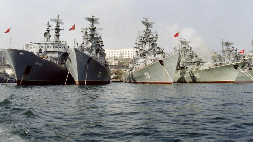Destroyers and Battleships from CIS Baltic fleet lay at anchor, on April 9, 1992 in the port of Sevastopol